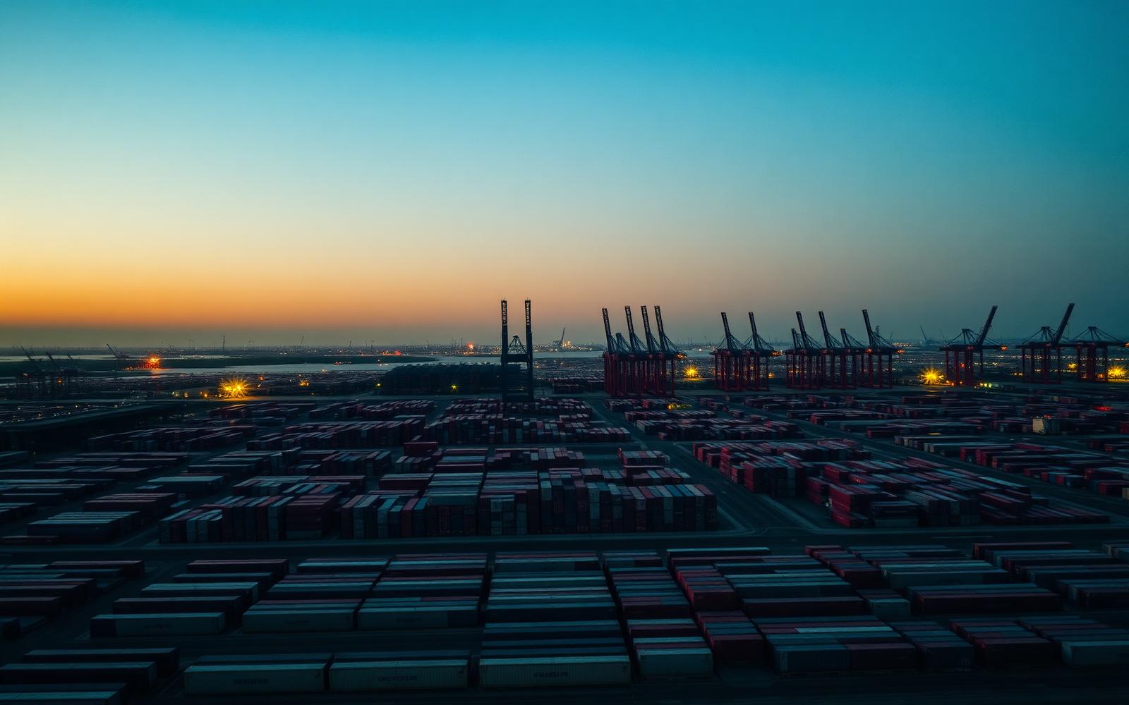 Container port at dusk
